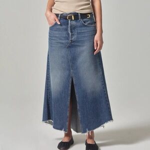 Citizens of Humanity Mina Reworked Denim Maxi Skirt Blue Raw Hem Size 32 NEW
